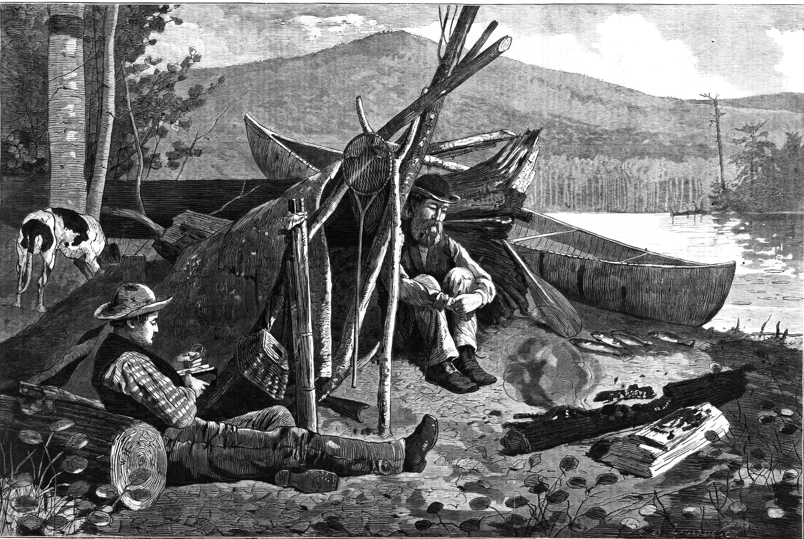 Wood engraving: two men rest by a bark lean-to and a smouldering campfire on a lakeshore
